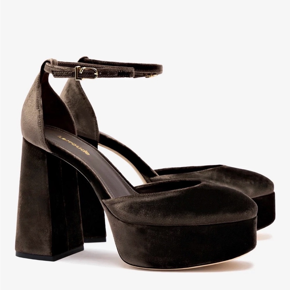 Larroude Women’s Ari Velvet Platform Pumps Heels, Espresso, Sz 7, NEW